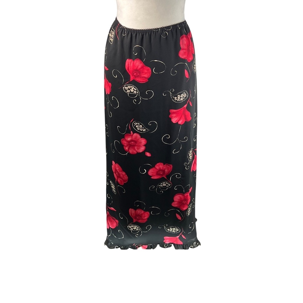 Kathy Ireland Womens Black Red Floral Paisley Maxi Skirt Elastic Waist Large 90s